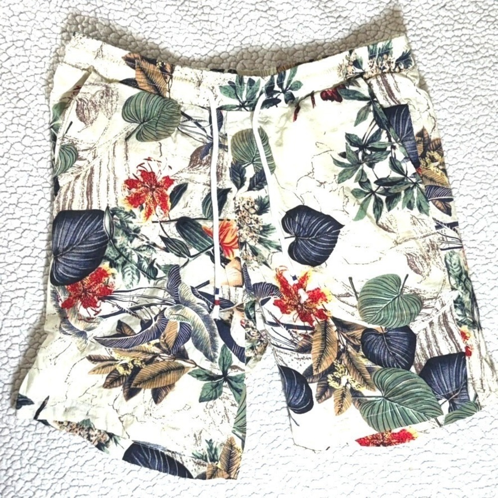 Jogal Mens Tropical Floral Shorts Cream Cotton Viscose Elastic Drawstring Casual
